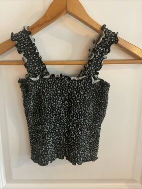 Smocked Ruffle Strap Tank Top - Black with White Flowers